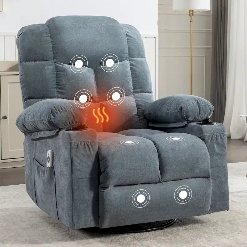 Fauteuil inclinable surdimensionné gris avec fonction chauffante et massante, inclinaison à 150°, fonction berçante à 30°, chargement USB et 2 porte-gobelets