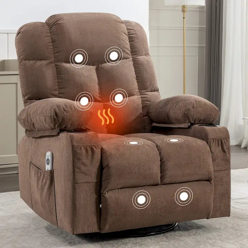 Fauteuil inclinable surdimensionné gris avec fonction chauffante et massante, inclinaison à 150°, fonction berçante à 30°, chargement USB et 2 porte-gobelets
