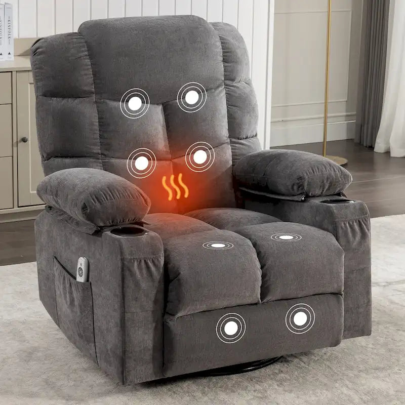 Fauteuil inclinable surdimensionné gris avec fonction chauffante et massante, inclinaison à 150°, fonction berçante à 30°, chargement USB et 2 porte-gobelets