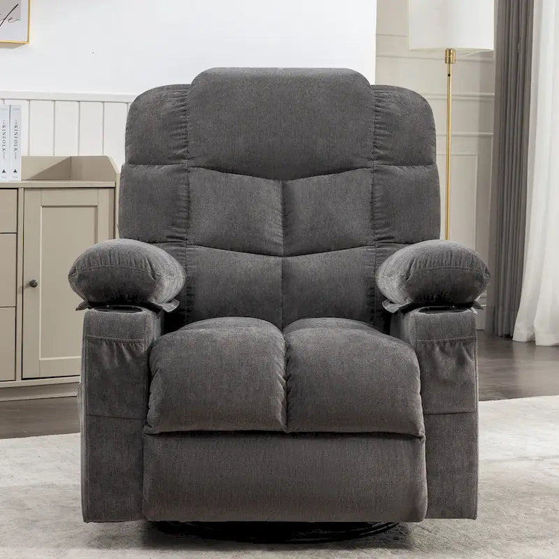 Fauteuil inclinable surdimensionné gris avec fonction chauffante et massante, inclinaison à 150°, fonction berçante à 30°, chargement USB et 2 porte-gobelets