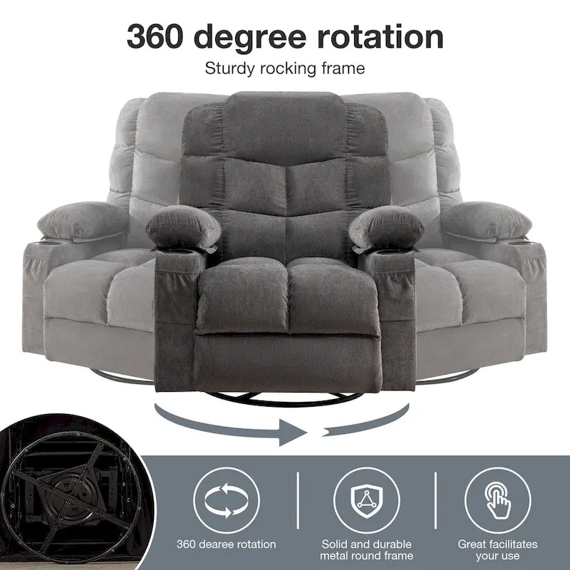 Fauteuil inclinable surdimensionné gris avec fonction chauffante et massante, inclinaison à 150°, fonction berçante à 30°, chargement USB et 2 porte-gobelets