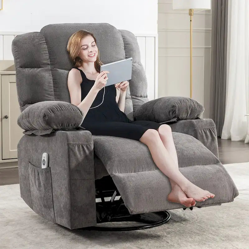 Fauteuil inclinable surdimensionné gris avec fonction chauffante et massante, inclinaison à 150°, fonction berçante à 30°, chargement USB et 2 porte-gobelets