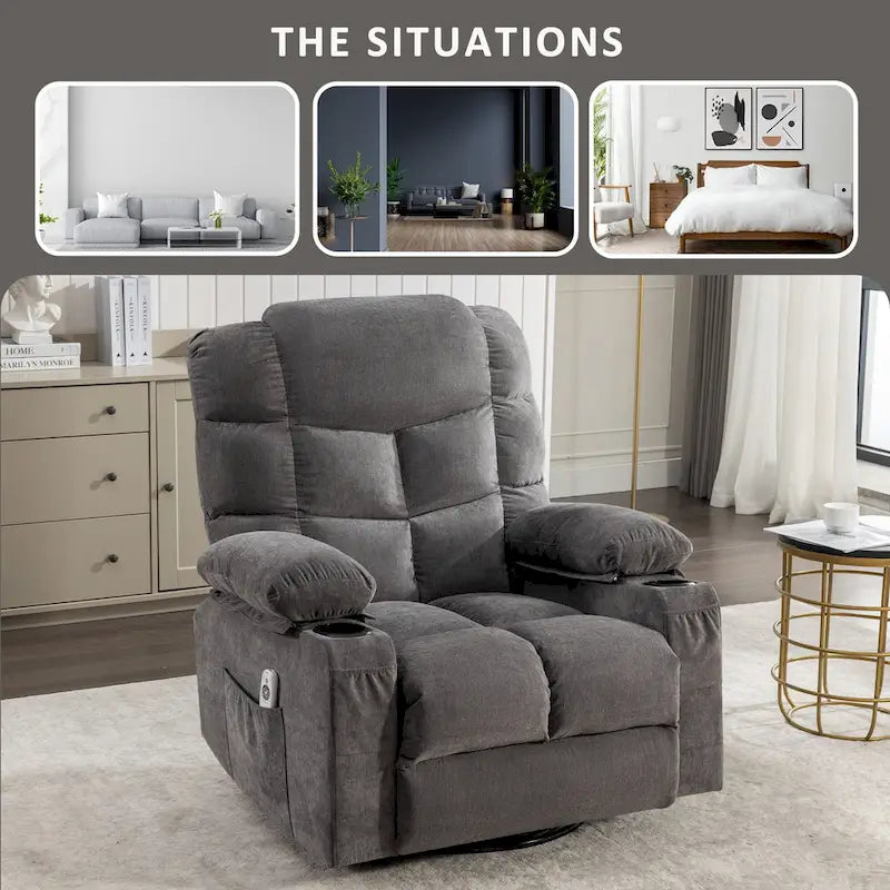 Fauteuil inclinable surdimensionné gris avec fonction chauffante et massante, inclinaison à 150°, fonction berçante à 30°, chargement USB et 2 porte-gobelets