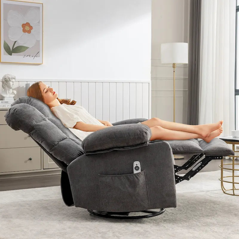 Fauteuil inclinable surdimensionné gris avec fonction chauffante et massante, inclinaison à 150°, fonction berçante à 30°, chargement USB et 2 porte-gobelets