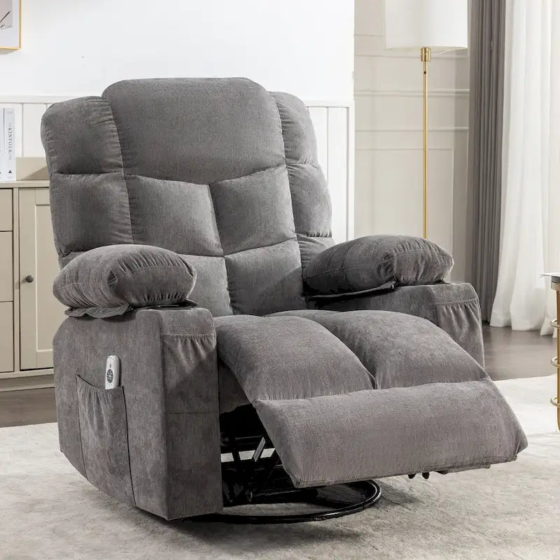 Fauteuil inclinable surdimensionné gris avec fonction chauffante et massante, inclinaison à 150°, fonction berçante à 30°, chargement USB et 2 porte-gobelets