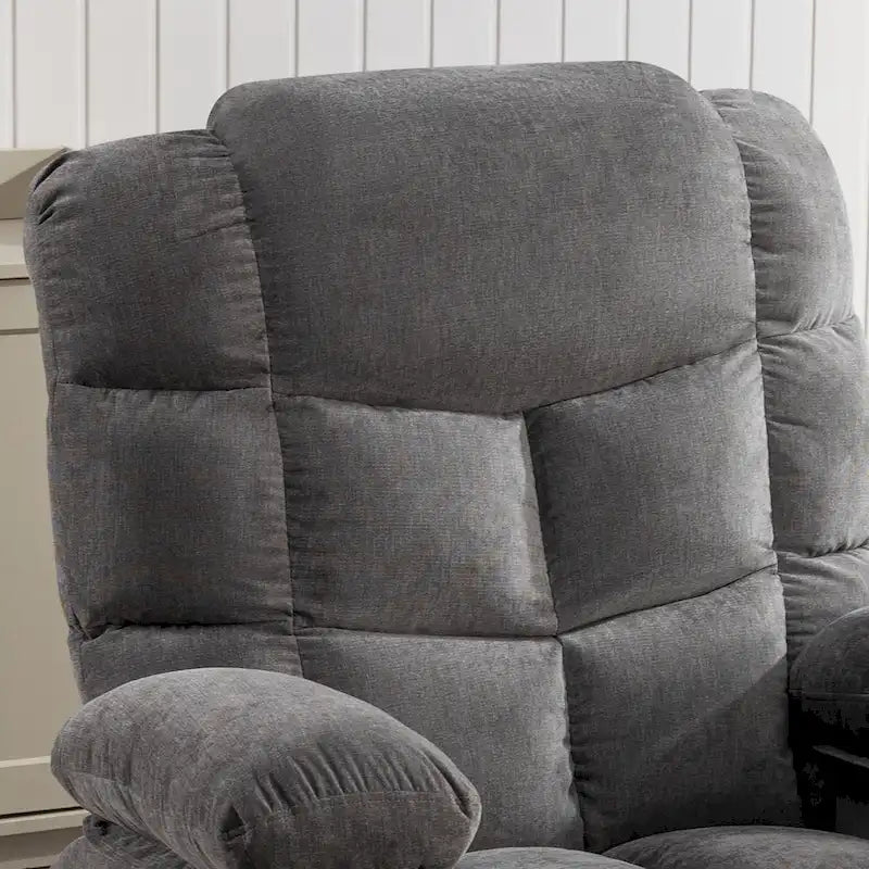 Fauteuil inclinable surdimensionné gris avec fonction chauffante et massante, inclinaison à 150°, fonction berçante à 30°, chargement USB et 2 porte-gobelets