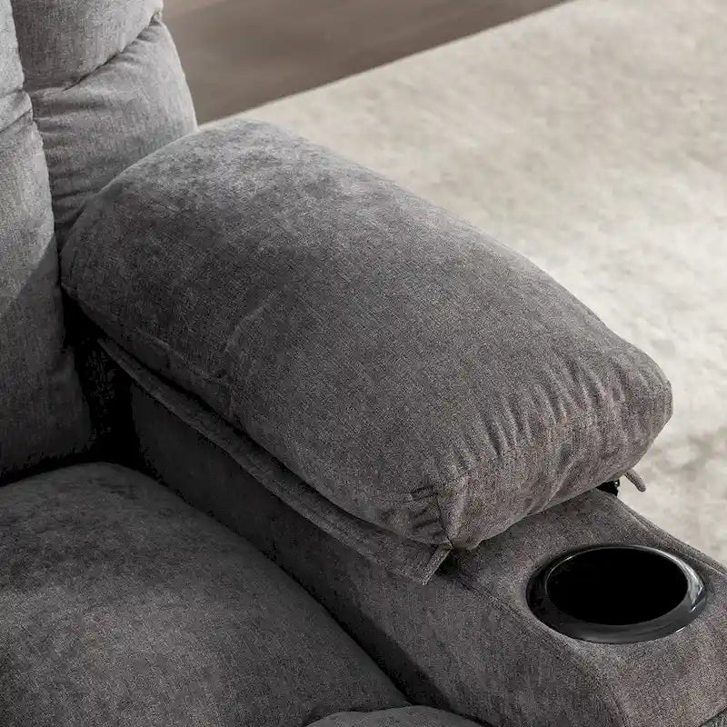 Fauteuil inclinable surdimensionné gris avec fonction chauffante et massante, inclinaison à 150°, fonction berçante à 30°, chargement USB et 2 porte-gobelets