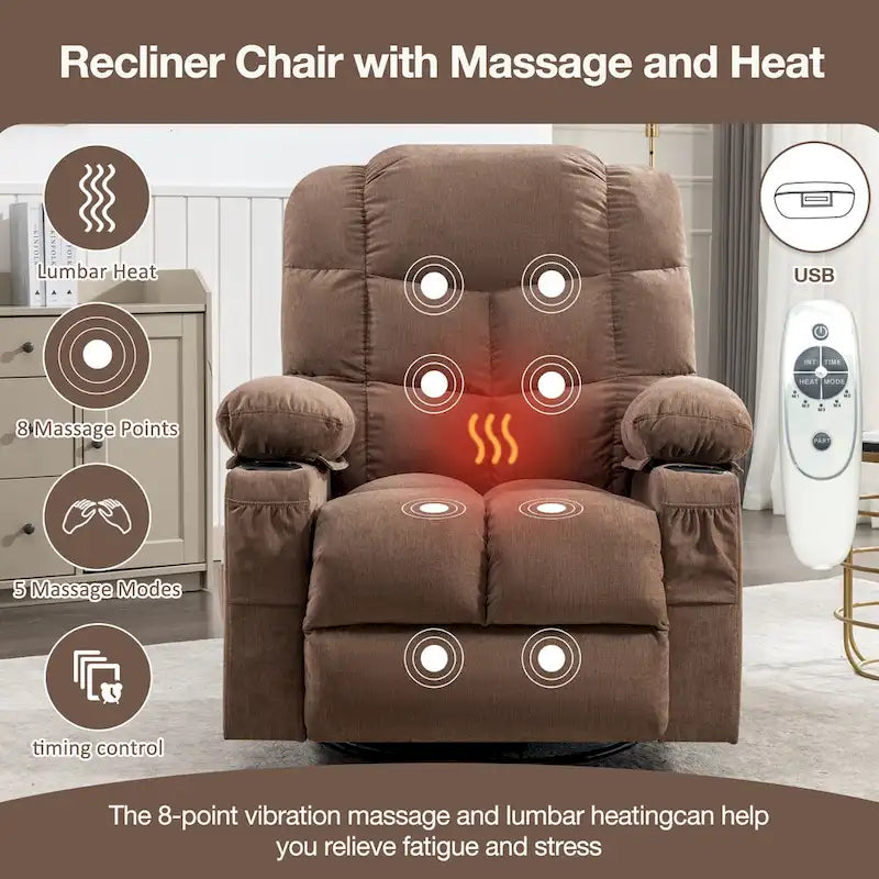 Fauteuil inclinable surdimensionné gris avec fonction chauffante et massante, inclinaison à 150°, fonction berçante à 30°, chargement USB et 2 porte-gobelets