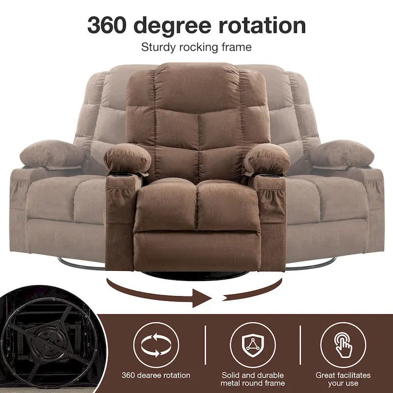 Fauteuil inclinable surdimensionné gris avec fonction chauffante et massante, inclinaison à 150°, fonction berçante à 30°, chargement USB et 2 porte-gobelets