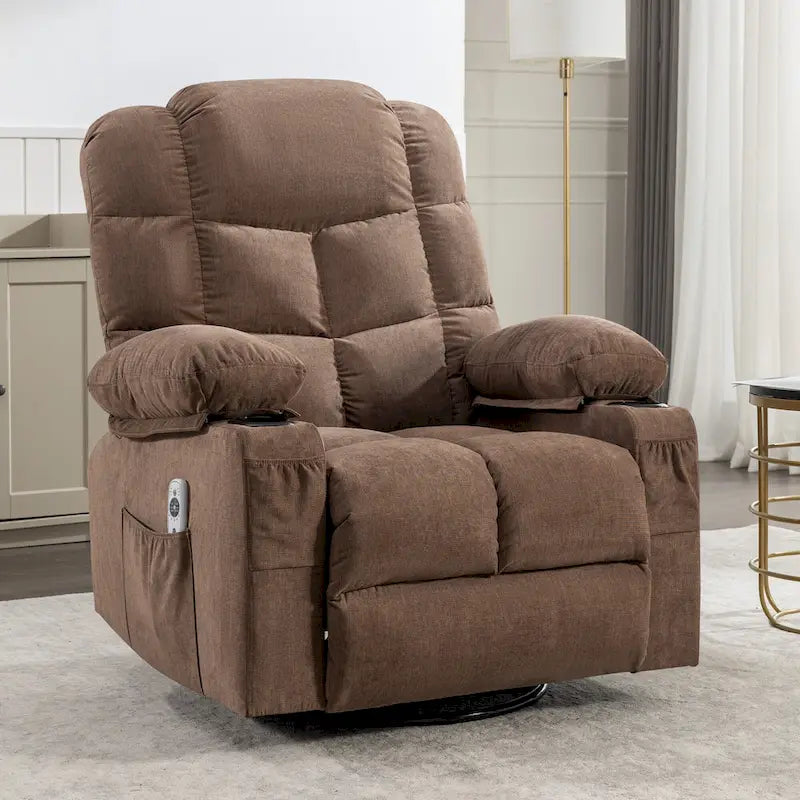 Fauteuil inclinable surdimensionné gris avec fonction chauffante et massante, inclinaison à 150°, fonction berçante à 30°, chargement USB et 2 porte-gobelets