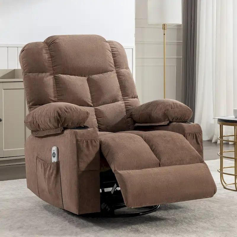 Fauteuil inclinable surdimensionné gris avec fonction chauffante et massante, inclinaison à 150°, fonction berçante à 30°, chargement USB et 2 porte-gobelets