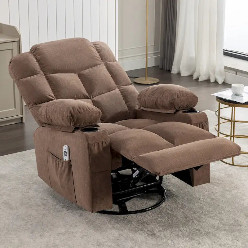 Fauteuil inclinable surdimensionné gris avec fonction chauffante et massante, inclinaison à 150°, fonction berçante à 30°, chargement USB et 2 porte-gobelets