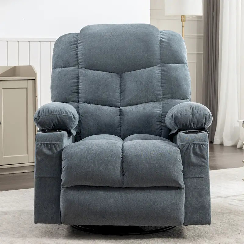 Fauteuil inclinable surdimensionné gris avec fonction chauffante et massante, inclinaison à 150°, fonction berçante à 30°, chargement USB et 2 porte-gobelets