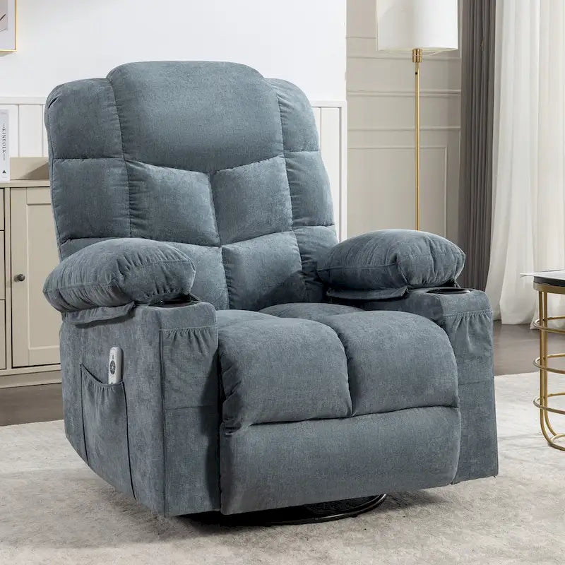 Fauteuil inclinable surdimensionné gris avec fonction chauffante et massante, inclinaison à 150°, fonction berçante à 30°, chargement USB et 2 porte-gobelets