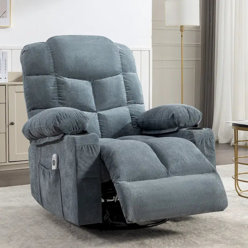 Fauteuil inclinable surdimensionné gris avec fonction chauffante et massante, inclinaison à 150°, fonction berçante à 30°, chargement USB et 2 porte-gobelets