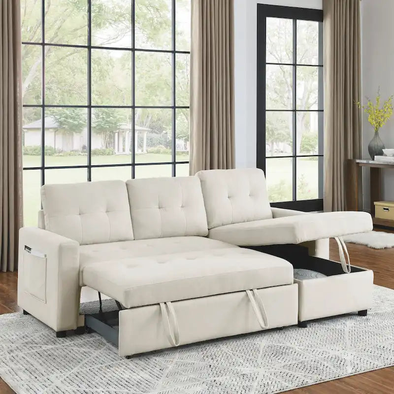 Canapé d'angle convertible 3 places beige 78,5 cm avec méridienne de rangement, lit gigogne et poche latérale