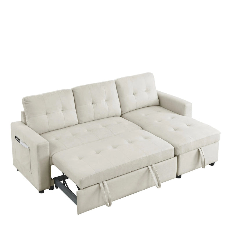 Canapé d'angle convertible 3 places beige 78,5 cm avec méridienne de rangement, lit gigogne et poche latérale
