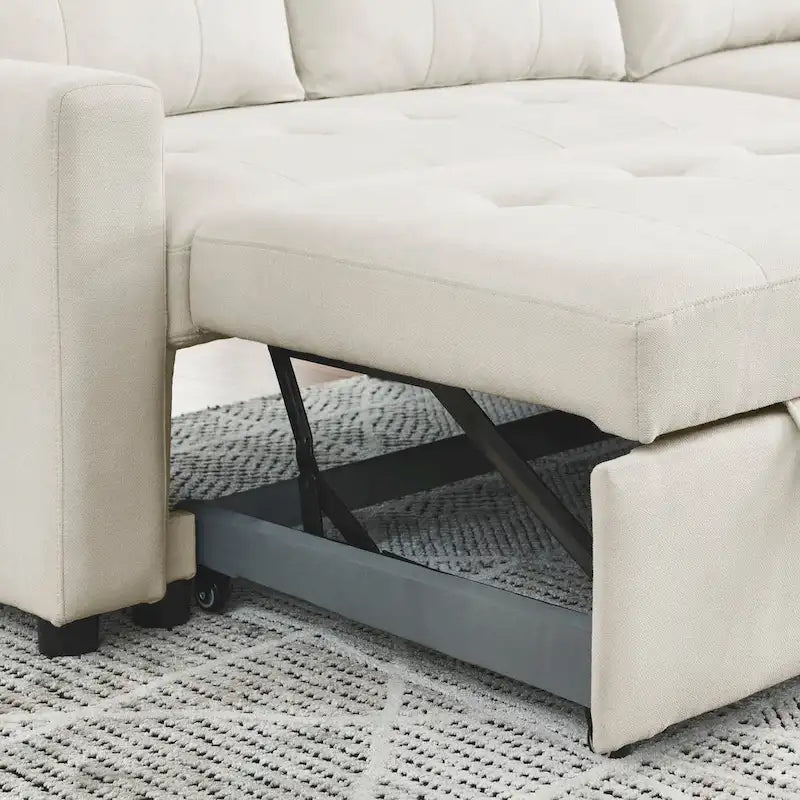 Canapé d'angle convertible 3 places beige 78,5 cm avec méridienne de rangement, lit gigogne et poche latérale