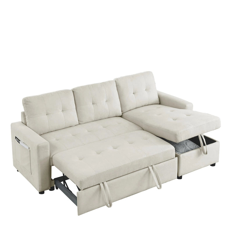 Canapé d'angle convertible 3 places beige 78,5 cm avec méridienne de rangement, lit gigogne et poche latérale
