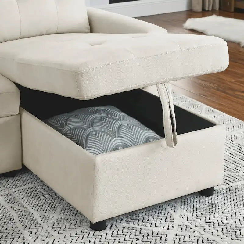 Canapé d'angle convertible 3 places beige 78,5 cm avec méridienne de rangement, lit gigogne et poche latérale