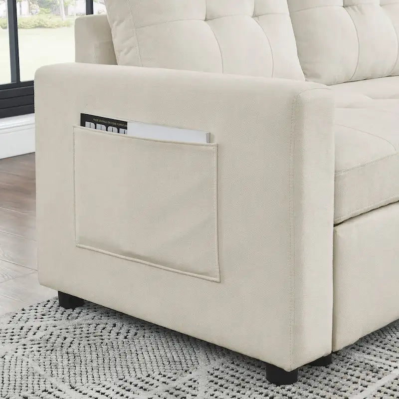 Canapé d'angle convertible 3 places beige 78,5 cm avec méridienne de rangement, lit gigogne et poche latérale