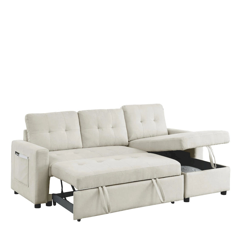 Canapé d'angle convertible 3 places beige 78,5 cm avec méridienne de rangement, lit gigogne et poche latérale