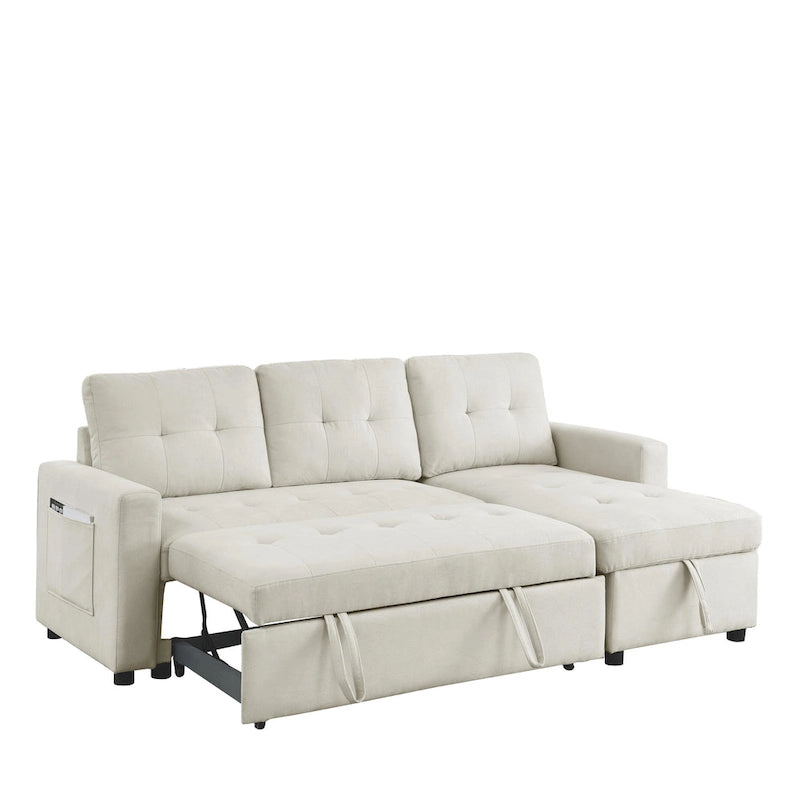 Canapé d'angle convertible 3 places beige 78,5 cm avec méridienne de rangement, lit gigogne et poche latérale
