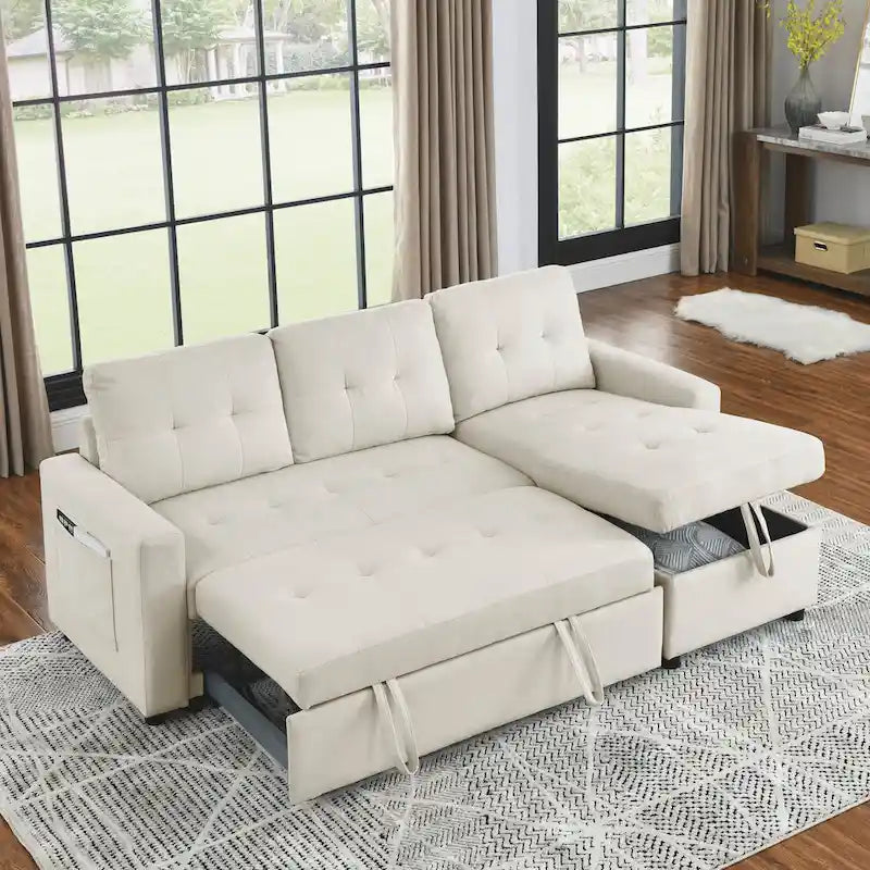 Canapé d'angle convertible 3 places beige 78,5 cm avec méridienne de rangement, lit gigogne et poche latérale