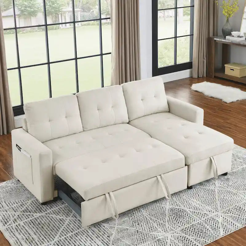 Canapé d'angle convertible 3 places beige 78,5 cm avec méridienne de rangement, lit gigogne et poche latérale