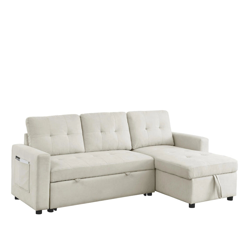 Canapé d'angle convertible 3 places beige 78,5 cm avec méridienne de rangement, lit gigogne et poche latérale