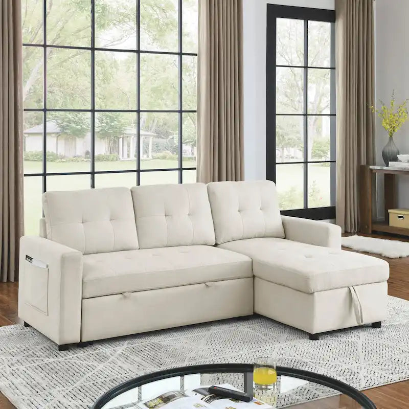 Canapé d'angle convertible 3 places beige 78,5 cm avec méridienne de rangement, lit gigogne et poche latérale