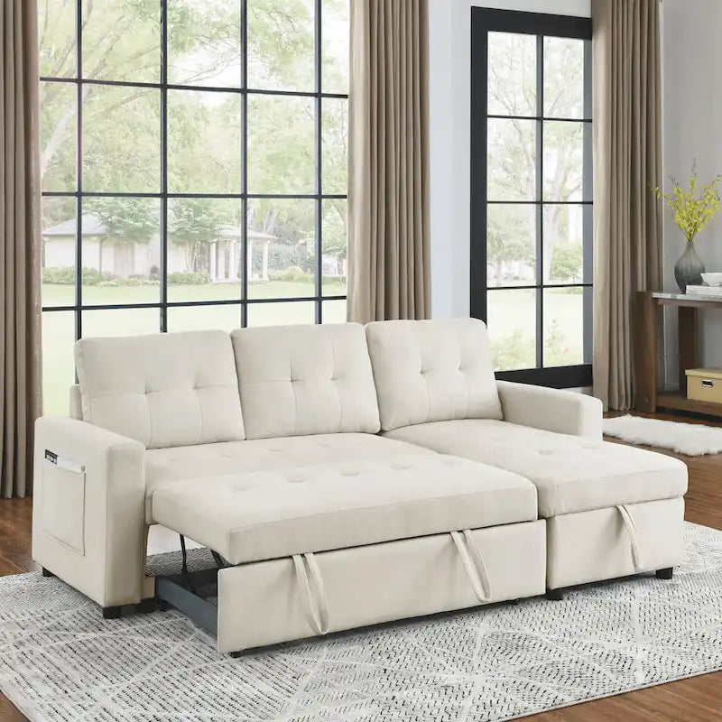 Canapé d'angle convertible 3 places beige 78,5 cm avec méridienne de rangement, lit gigogne et poche latérale