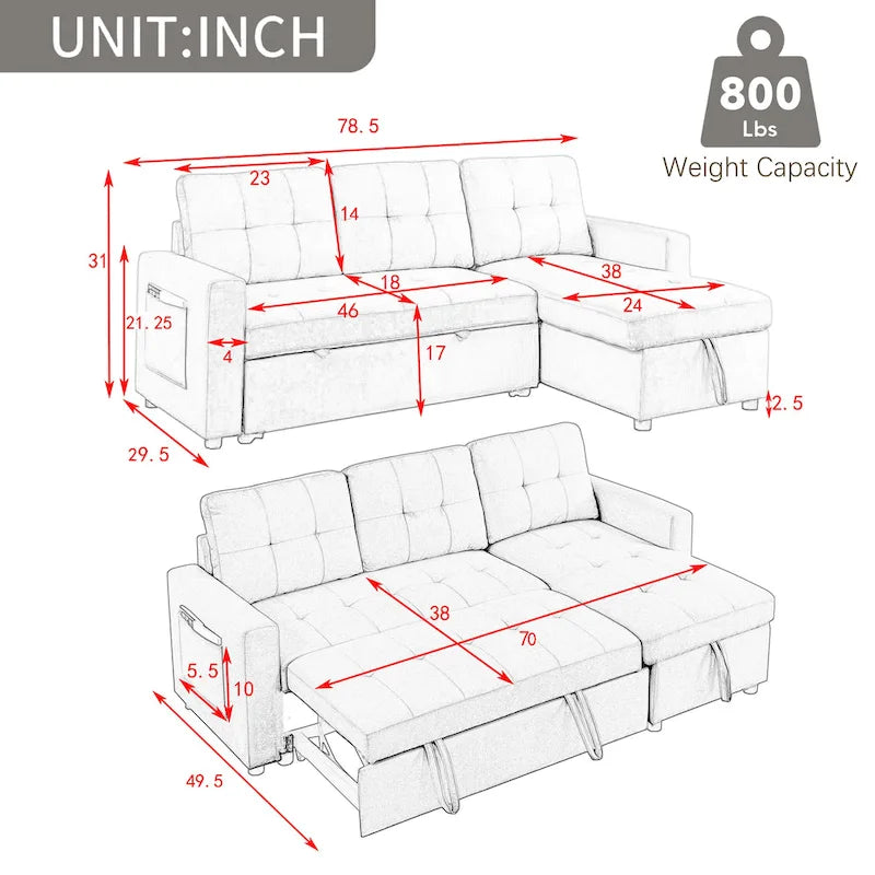 Canapé d'angle convertible 3 places beige 78,5 cm avec méridienne de rangement, lit gigogne et poche latérale