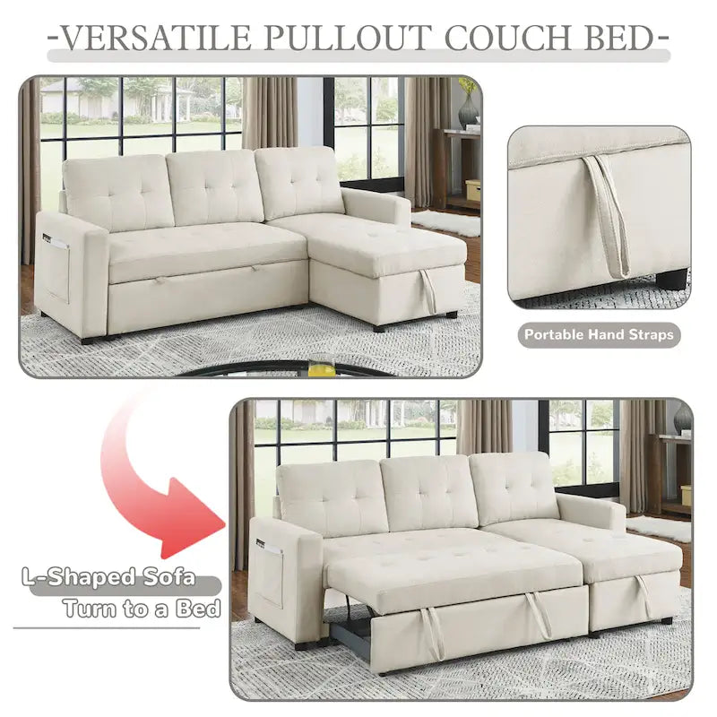 Canapé d'angle convertible 3 places beige 78,5 cm avec méridienne de rangement, lit gigogne et poche latérale