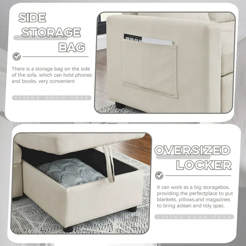 Canapé d'angle convertible 3 places beige 78,5 cm avec méridienne de rangement, lit gigogne et poche latérale