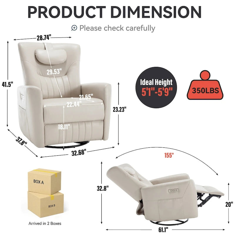 Fauteuil inclinable pivotant électrique avec soutien lombaire et cervical, ports de chargement USB et Type-C