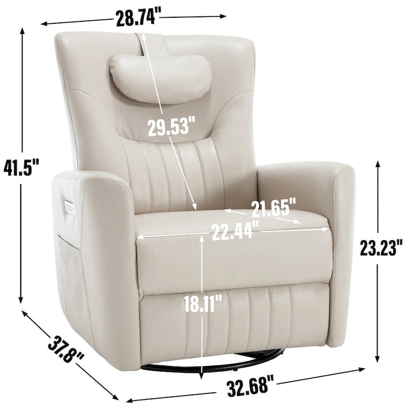 Fauteuil inclinable pivotant électrique avec soutien lombaire et cervical, ports de chargement USB et Type-C