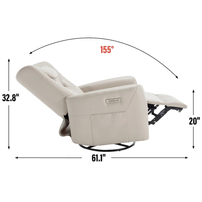 Fauteuil inclinable pivotant électrique avec soutien lombaire et cervical, ports de chargement USB et Type-C