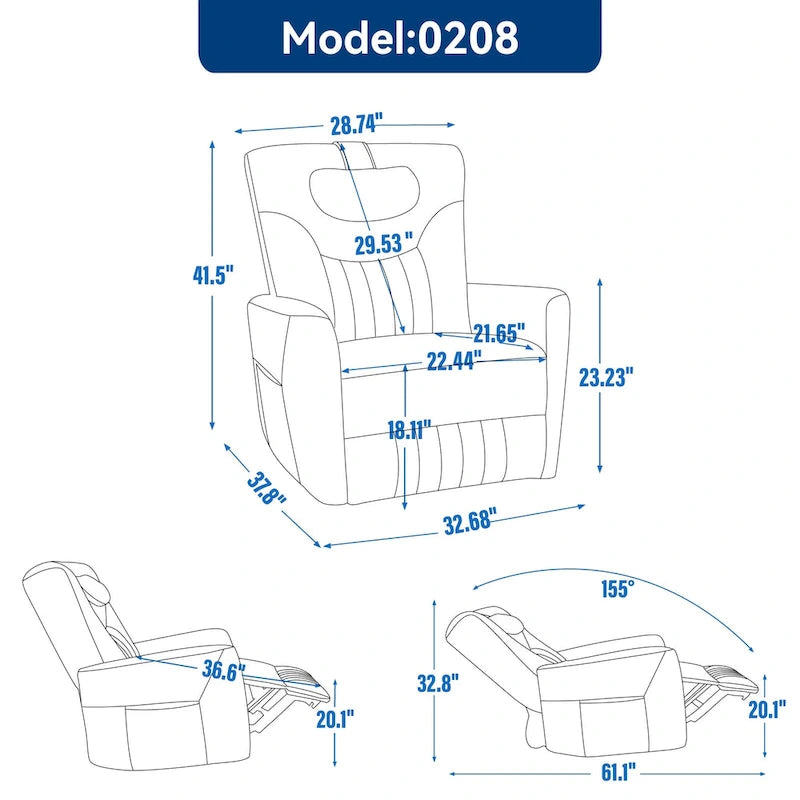 Fauteuil inclinable pivotant électrique avec soutien lombaire et cervical, ports de chargement USB et Type-C