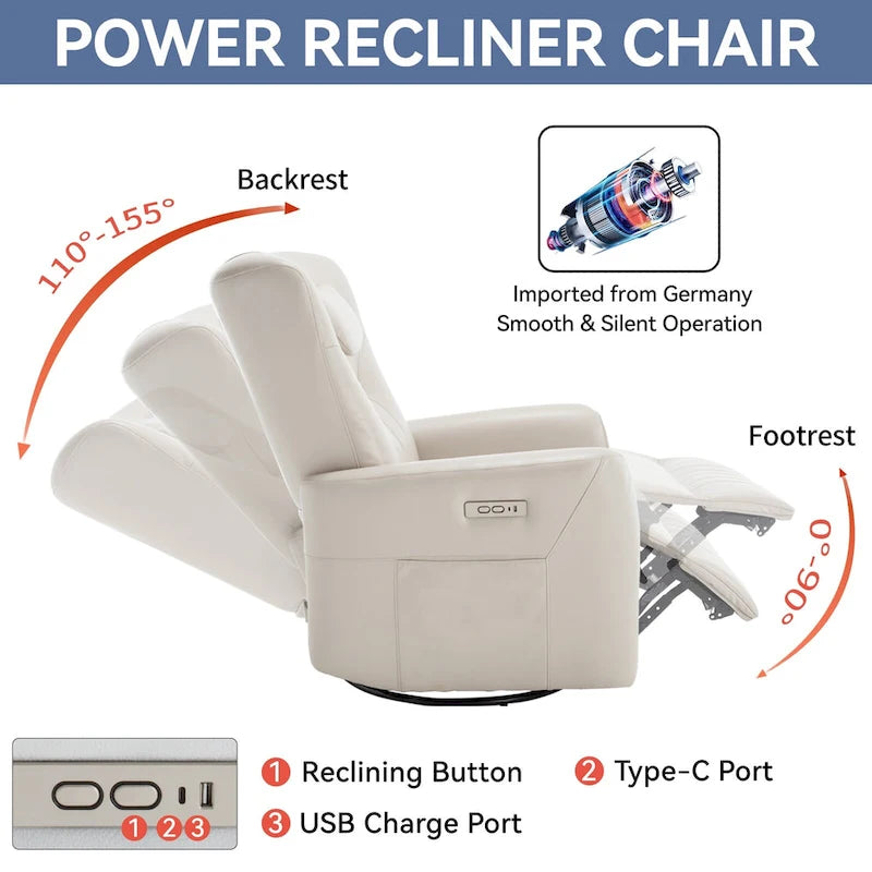 Fauteuil inclinable pivotant électrique avec soutien lombaire et cervical, ports de chargement USB et Type-C