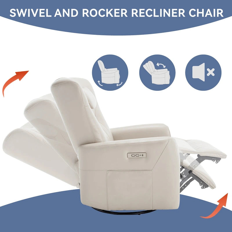 Fauteuil inclinable pivotant électrique avec soutien lombaire et cervical, ports de chargement USB et Type-C