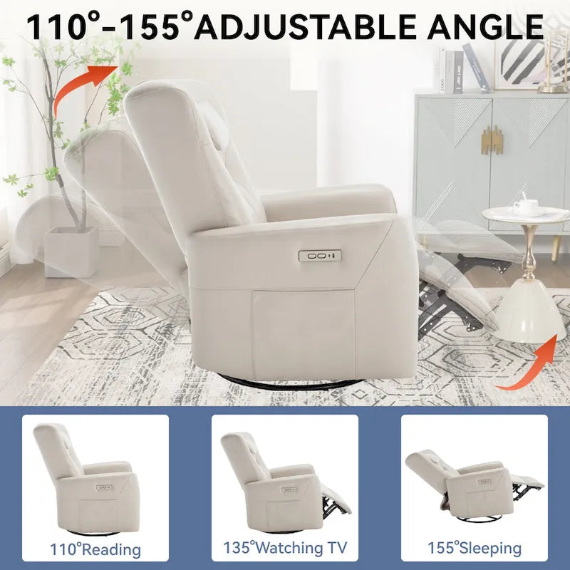 Fauteuil inclinable pivotant électrique avec soutien lombaire et cervical, ports de chargement USB et Type-C