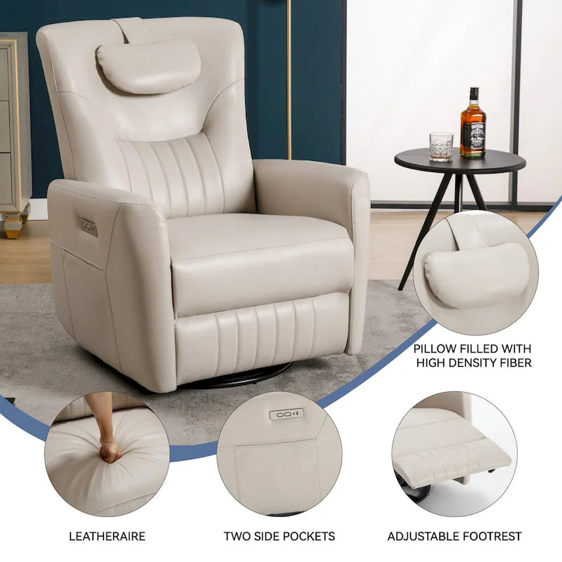 Fauteuil inclinable pivotant électrique avec soutien lombaire et cervical, ports de chargement USB et Type-C