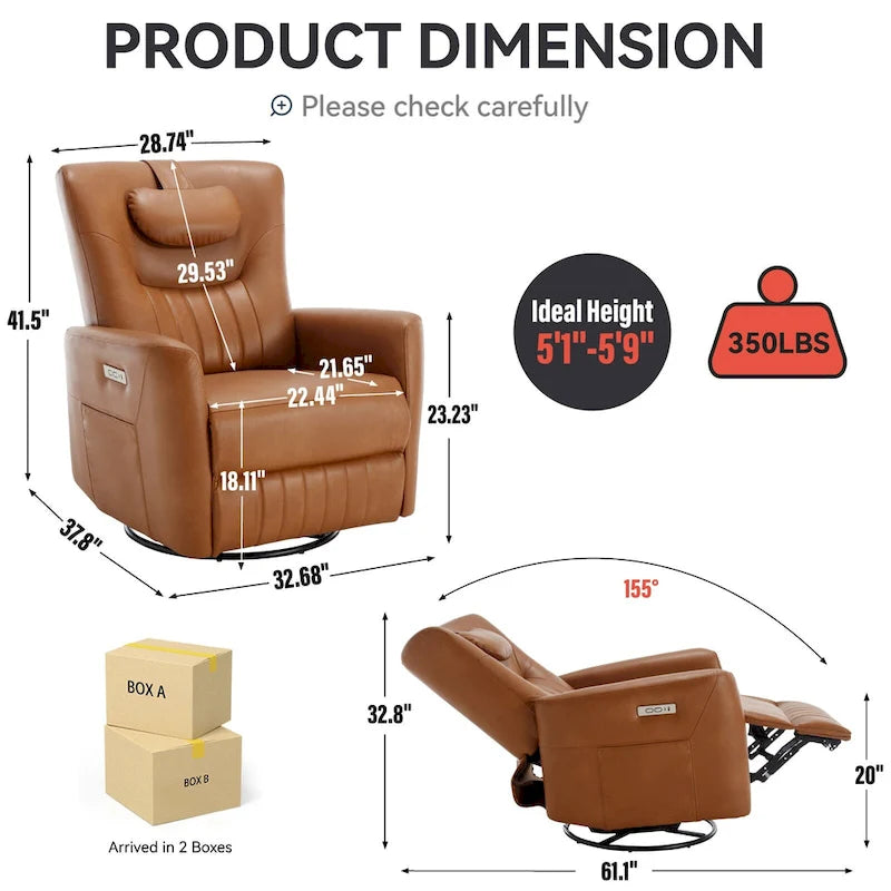 Fauteuil inclinable pivotant électrique avec soutien lombaire et cervical, ports de chargement USB et Type-C