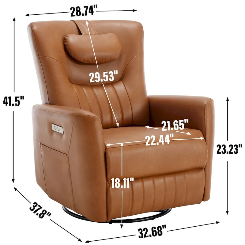 Fauteuil inclinable pivotant électrique avec soutien lombaire et cervical, ports de chargement USB et Type-C
