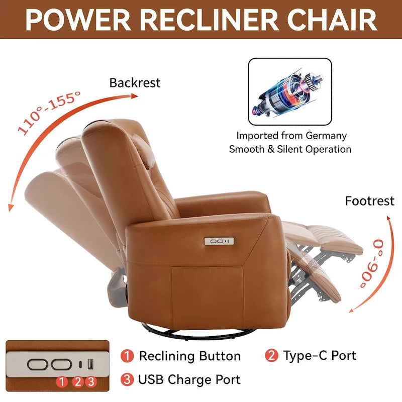 Fauteuil inclinable pivotant électrique avec soutien lombaire et cervical, ports de chargement USB et Type-C
