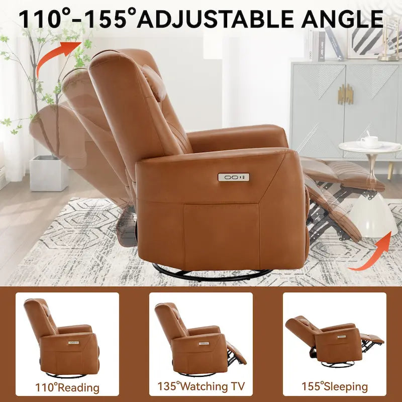 Fauteuil inclinable pivotant électrique avec soutien lombaire et cervical, ports de chargement USB et Type-C