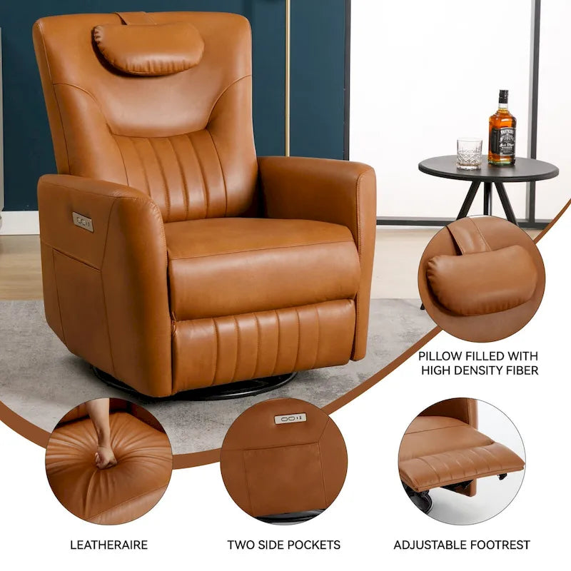 Fauteuil inclinable pivotant électrique avec soutien lombaire et cervical, ports de chargement USB et Type-C