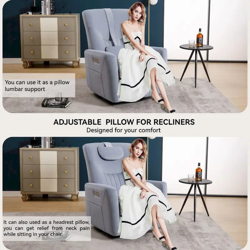 Fauteuil inclinable pivotant électrique avec soutien lombaire et cervical, ports de chargement USB et Type-C