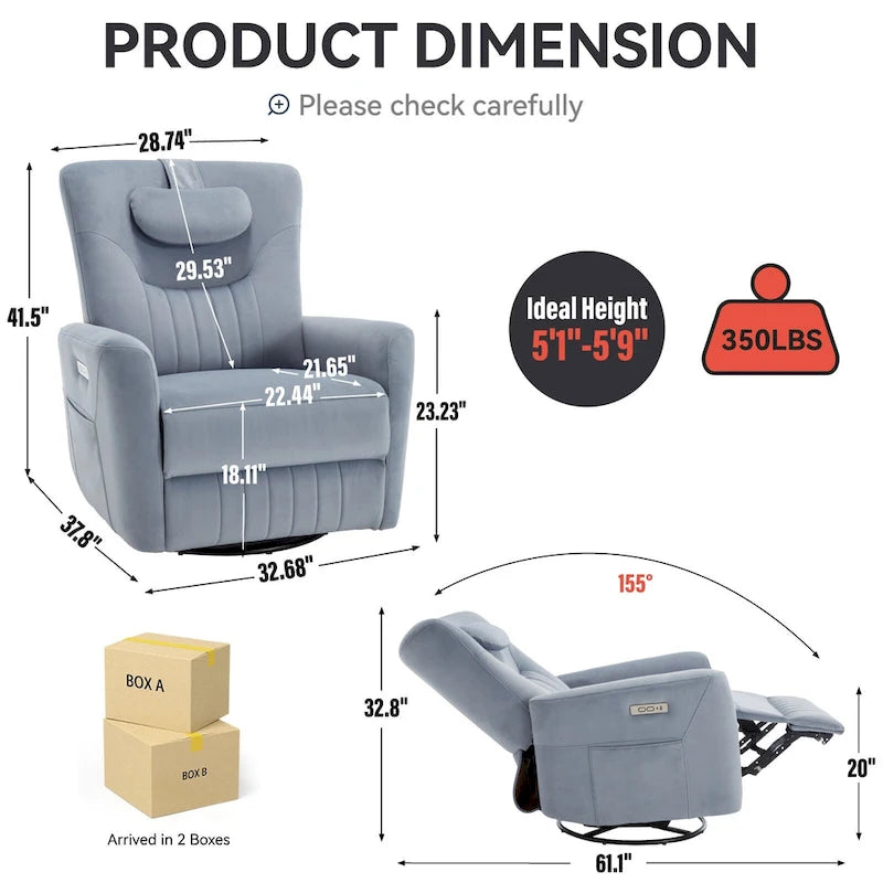 Fauteuil inclinable pivotant électrique avec soutien lombaire et cervical, ports de chargement USB et Type-C